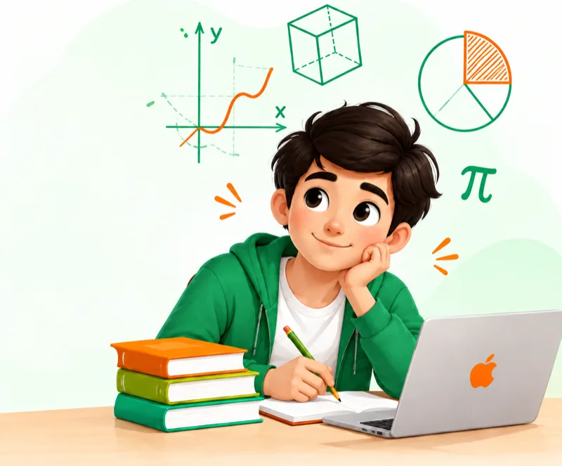 Student studying with a laptop and math books